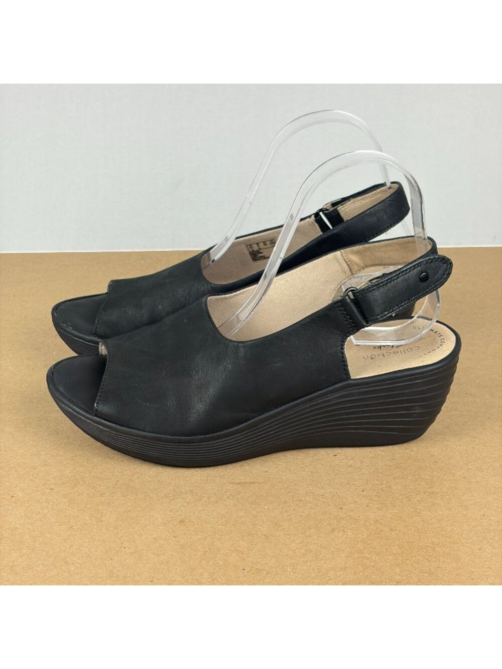 Clarks Reedly Shaina Wedge Sandals Womens 8 Black Slingback Hook and Loop
